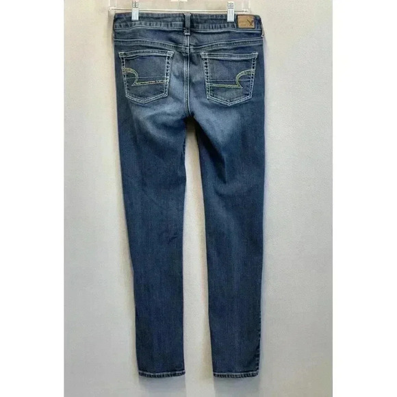 American Eagle Jeans Women's Sz 4 Skinny Low Rise Embellished Pockets Blue Denim - Picture 2 of 9